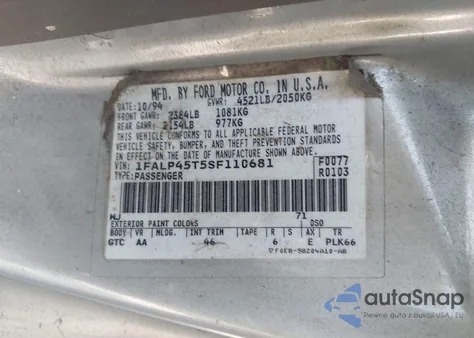 1995 Ford Mustang Gt/Gts from USA, damaged, VIN 1FALP45T5SF110681